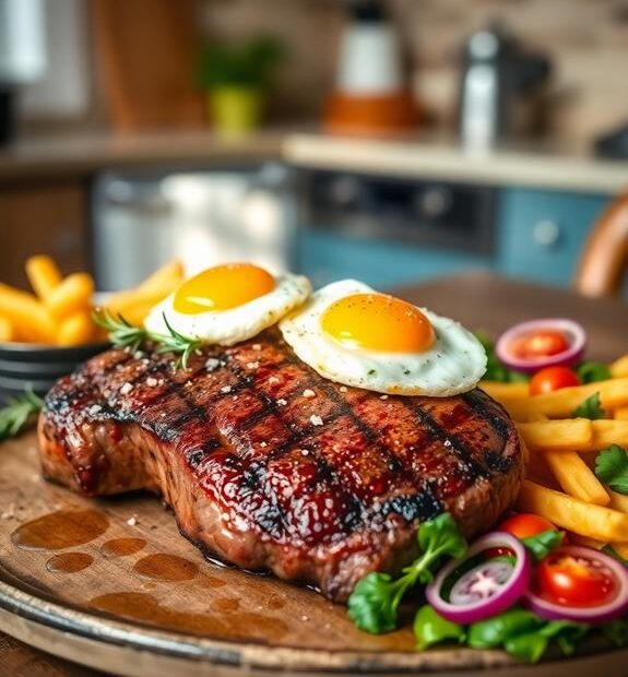 steak topped with eggs